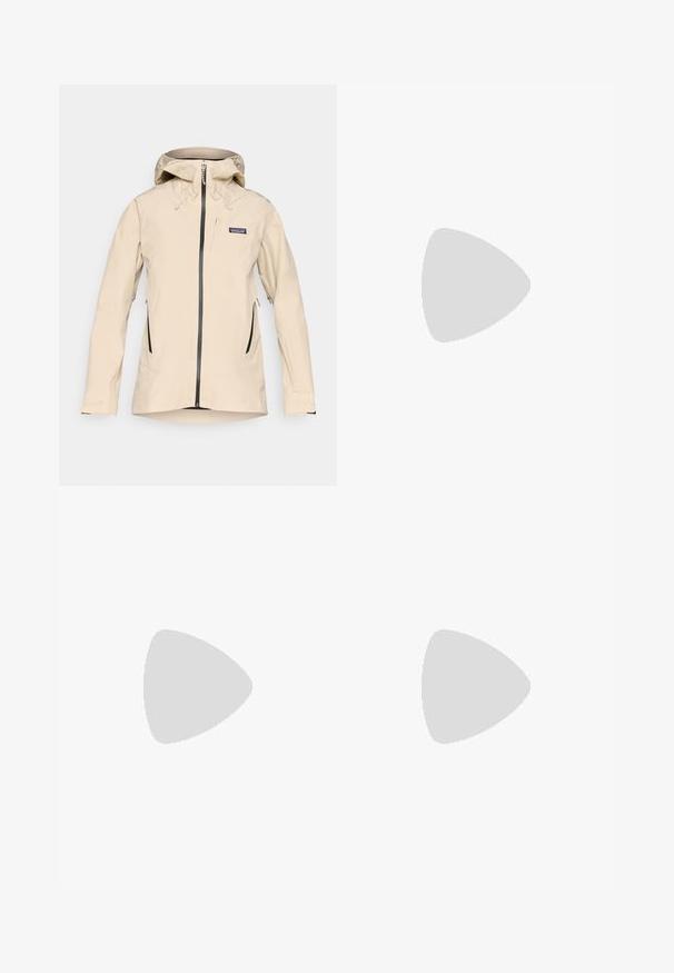 Beež vihmajope kapuutsiga, ees luku ja kahe külje lukuga taskuga. Omab elastseid mansette ja kergelt kaardus helka.; Must mustahiheline T-särk, millel on pikad varrukad, valmistatud puuvillast ja ümarast kaelusest. Vasakul rinnal on väike valge logo. Lihtne disain ja sobivus.; Mustad nailonist valmistatud eemaldatavad cargo-püksid, reguleeritavate pahkluudega, mitmete taskutega ja paremal jalal logoga. Sile, kerge tekstuur.; Kerge rohelise värvi matkais sandaal, mis on valmistatud võrgust ja kummimaterjalidest, musta tõmbevälja, roosa ja oranži aktsentidega ning tugevdatud varvakoobiga.