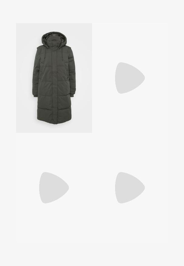 Lang, hette puffer jakke i mørkegrønn. Inkluderer quiltede seksjoner, justerbare snorer og sidelommer. Laget av vannavvisende materiale.; Even&Odd Petite 2 PACK - Topper - light grey/black; Grå denimjeans med rett ben-design, fem-lomme stil, subtil falming, og knappelukking i midjen.; Hvit høy-skinn kanvas sneakers med svart gummisåle, gummitåhette foran og seks hull for snorer, med et rent, minimalistisk design.