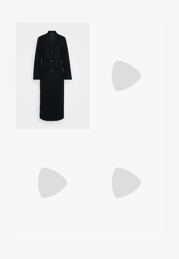 Long black women's coat with lapel collar, three buttons down the front, and flap pockets on both sides.; Black cotton t-shirt with short sleeves, featuring a hand graphic and text "Levi's LA LUNE" in white on the left chest area.; Wide-leg jeans in black denim with a zippered front, five-pocket design, and subtle stitching details. Smooth texture and casual style.; Black leather ankle boot with a slouchy upper, buckle detail, and thick, rugged sole. Features a round toe and smooth texture.