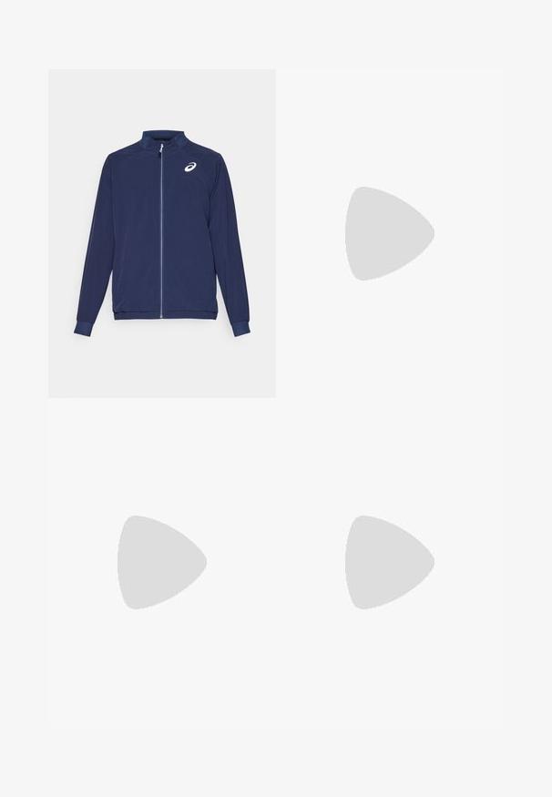 Navy blue athletic jacket with long sleeves, front zipper, and a stand collar. Features a white logo on the left chest. Made of lightweight material.; Black cotton t-shirt with a crew neck, short sleeves, and a small green crocodile logo on the left chest. Smooth texture, casual design.; Navy blue athletic pants made of lightweight material, featuring an elastic waistband and tapered cuffs with a small logo detail on the side.; Black athletic shoe featuring a textured upper, three horizontal stripes, and a white sole with a patterned tread. Lightweight and streamlined design.