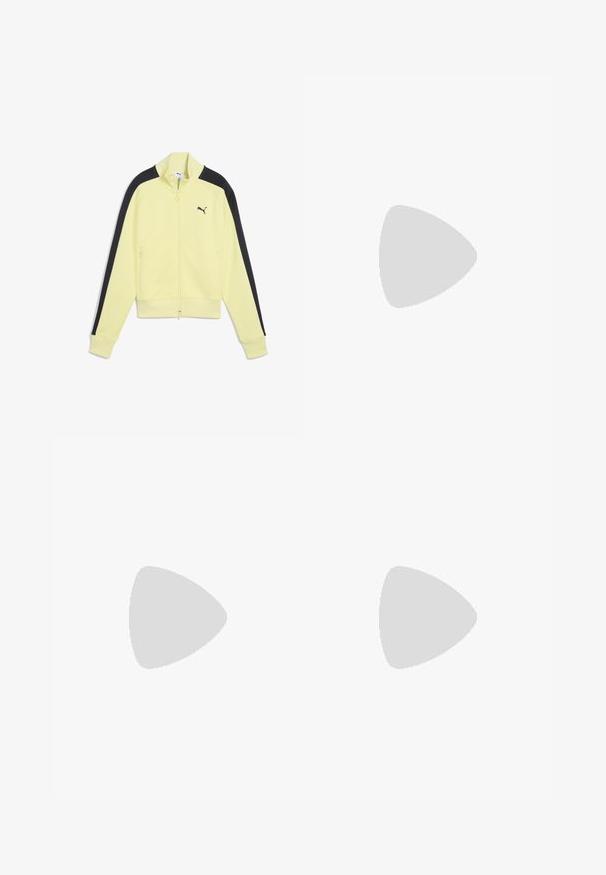 Keltainen vetoketjullinen takki mustilla sivun yksityiskohdilla, ribatulla hihansuulla ja pienellä mustalla logolla vasemmassa rinnassa. Varustettu kahdella etupussilla vetoketjulla.; Mustat pitkähihaiset bodysuitit, joissa on nelikulmainen pääntie ja napit alushousuissa, asetettu tasaiseksi valkoista taustaa vasten.; Ruskeat leveälahkeiset housut, joissa on sileä pinta, etupleatsit, nappikiinnitys ja kaksi sivutaskua. Suunniteltu mukavuutta ja monikäyttöisyyttä varten.; Keskikorkuiset ruskeat mokkabootsit, joissa on brodeeratut kiehkuroita, terävä kärki, vetotanko ja vinossa mustassa pinojalassa.; Ruskea mokkanahkainen olkalaukku, jossa on kaareva kultainen solki ja yksittäinen hihna, suorakulmainen muoto, jossa on läppäkiinnitys.