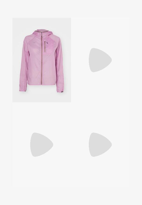 HOKA SKYFLOW JACKET - Windbreaker - pink twilight; Lightweight white T-shirt with short sleeves, round neck, and a small logo in the upper left corner. Smooth fabric with a subtle sheen.; Navy blue flared pants made of stretchy fabric with a wide waistband. Smooth texture and no visible patterns or hardware details.; White athletic shoes with a textured upper, padded collar, and lace closure. Features a curved outsole and subtle branding on the side.