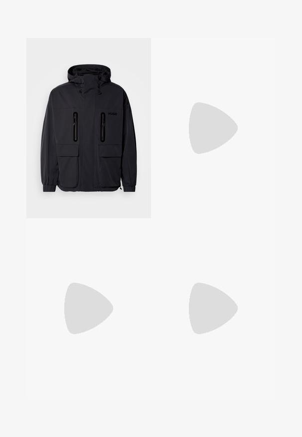 Black waterproof jacket with a hood, two zippered chest pockets, and elastic cuffs. Features minimalistic design and "HUGO" branding.; Two T-shirts stacked: one white and one black. Short sleeves, round necklines, cotton fabric. Features a small blue logo at the neckline.; Black trousers with a pleated design, wide leg shape, and a smooth texture. Features a red waistband tag.; Black leather sneaker with textured upper, padded collar, and red logo detail. Features a thick rubber sole with distinct tread pattern.