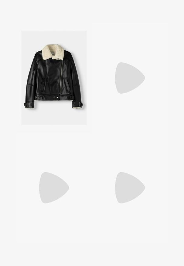 Black leather jacket with a textured cream faux shearling collar. Features a zip closure, two side pockets, and buckle accents on sleeves.; Floral print strapless top in light cream with blue flowers. Features smocked fabric details at the center and straight-cut hem.; Blue denim flared jeans with a high waist, featuring five pockets, a button closure, and a faded wash for a worn look.; Tan suede ankle boot with a platform sole, rounded toe, and stitching accents; features a pull tab at the back for easy wear.; Sunglasses with oval gray lenses, silver metal frame, and black accents on temples. Features a sleek design and minimal hardware.; Black leather hobo bag with a soft, curved shape. Features a wide top handle and gathers at the base for a slouchy texture.