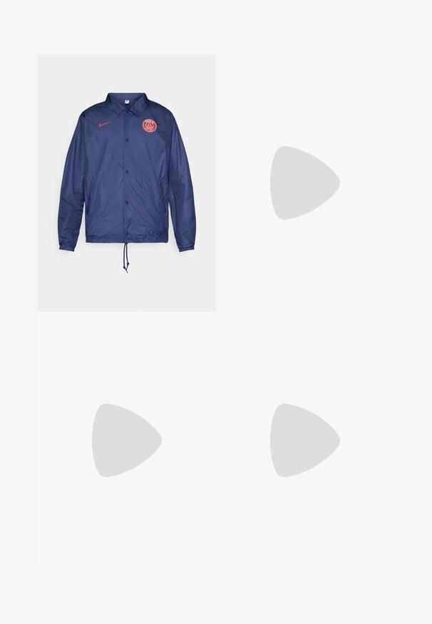 Navy blue Nike jacket with snap buttons, Paris Saint-Germain logo on chest, elastic cuffs, and drawstring hem.; White cotton T-shirts, short sleeves, crew neck design, plain texture, stacked in a row, with subtle branding at the neckline.; Blue athletic sweatpants with a drawstring waist, side zipper pockets, black accents, and logos: PSG emblem and Nike swoosh.; Black leather sneaker with textured surface, white Nike swoosh, gray sole, round toe, and lace-up design. Features perforations on toe box.