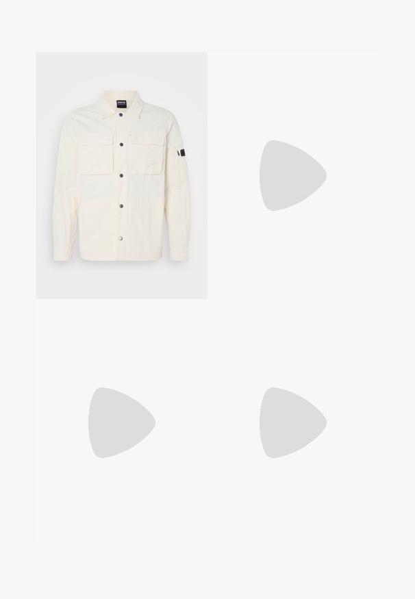 Light cream shirt jacket made of textured fabric, featuring a button closure, two chest pockets, and a zip pocket on the left sleeve.; BOSS TEE - Basic T-shirt - open white; Cream-colored casual pants with a drawstring waist and straight legs, displayed against a plain white background.; White and light beige athletic sneaker, featuring a mesh upper, perforated detailing, and a textured midsole with branding on the heel.