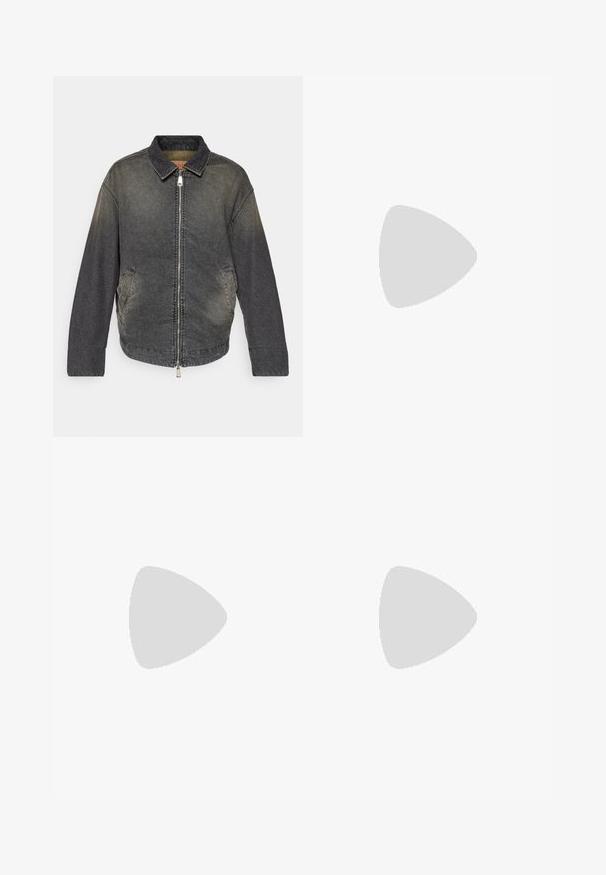 Jachetă din denim de culoare neagră decolorată, cu guler clasic, închidere cu fermoar în față, buzunare laterale și o croială lejeră. Țesătură texturată cu un ușor luciu.; BOSS TEE - Tricou basic - open white; Pantaloni din bumbac bej, cu croială dreaptă, dotati cu închidere cu nasture și pliuri în față pentru un plus de detaliu.; Tenis sportivi alb și bej deschis, cu un înveliș din plasă, detalii perforate și o talpă intermediară texturată, având marcaj pe călcâi.