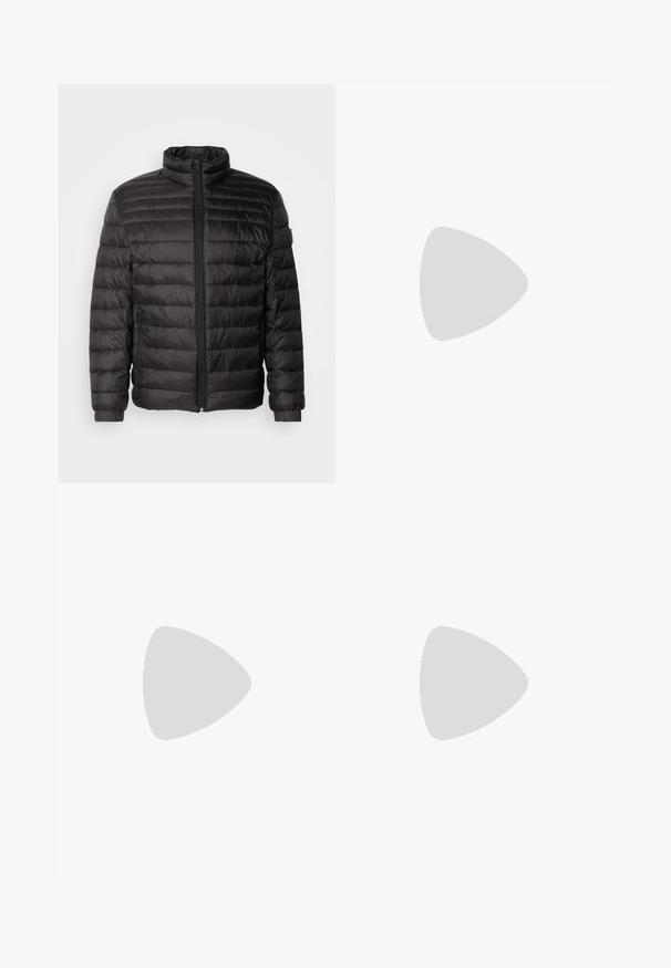 Black down jacket with horizontal stitching, high collar, and zip closure. Features elastic cuffs and side pockets for added functionality.; Black short-sleeve T-shirt made from a smooth cotton blend, featuring a crew neckline and a minimalistic design with no patterns or accents.; Black jogger pants made of smooth fabric. Feature an elastic waistband with a drawstring, tapered legs, and no visible pockets. Simple design.; Black low-top leather sneaker with black laces and off-white sole shown in side profile on white background.