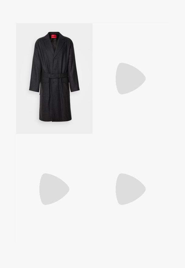 Dark gray wool overcoat with a notched collar, single-breasted buttons, side pockets, and a matching belt. Textured fabric.; Black long-sleeve sweater made of ribbed material. Features a crew neckline and straight-cut hem with fitted cuffs. Simple and solid color design.; Black trousers with a tailored design, featuring a straight cut, smooth fabric, and a button closure at the waist. No visible patterns.; Black leather loafers with a smooth texture, pointed toe, and a low rectangular heel. Features horizontal strap detail across the upper.