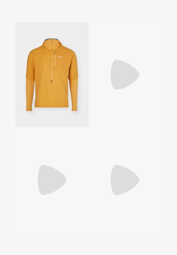 Patagonia AIRSHED PRO - Windbreaker - golden caramel; Graues T-Shirt mit kurzen Ärmeln, aus weichem, strukturiertem Stoff, mit einem kleinen blauen Patagonia-Logo auf der linken Brust. Keine zusätzlichen Muster.; Dunkelgraue Hose aus strapazierfähigem Material, mit einer Reißverschlusstasche, geradem Schnitt und Gürtelschlaufen für eine verstellbare Passform.; Braune wasserdichte Sneakers mit einer strukturierten Oberseite, perforierten Akzenten, schwarzem Fersenschutz und einer grauen Gummisohle. Die Schnürsenkel sind mit metallischen Enden gestaltet.