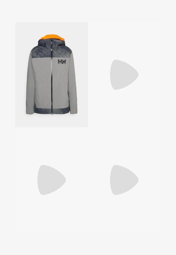 Veste imperméable grise avec capuche intérieure orange, logo noir sur la poitrine et épaules contrastantes bleu marine. Équipée d'une fermeture éclair et de poignets ajustables.; T-shirt noir à manches courtes en tissu léger, arborant un logo « TERREX » gris clair sur la poitrine et un col rond.; Pantalons de sport noirs avec taille élastique, deux poches zippées sur les côtés et un logo sur la cuisse droite. Tissu lisse et léger.; Chaussure de trail légère avec une tige en mesh gris et noir, accents orange et une semelle extérieure robuste pour une bonne traction. Doublure imperméable en Gore-Tex.