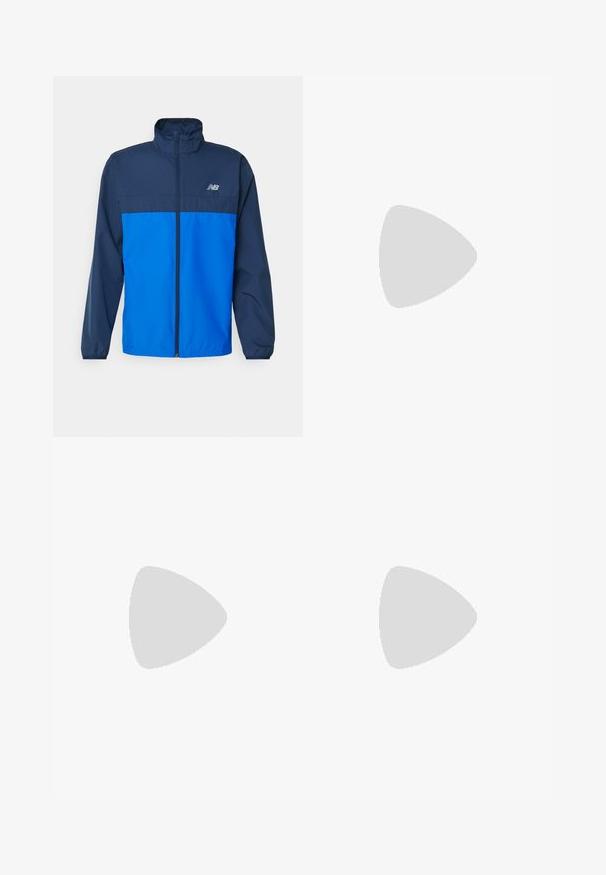 Giacca zip con colletto alto di colore navy e blu, maniche lunghe e logo "NB" sul petto. Realizzata in tessuto leggero e liscio.; Maglietta atletica nera a maniche corte, con collo rotondo, realizzata in tessuto liscio. Presenta un piccolo logo Nike bianco sulla parte superiore sinistra.; Pantaloni sportivi neri con elastico in vita, gambe affusolate e un piccolo logo bianco Nike sulla coscia sinistra. Tessuto liscio, senza fantasie.; Scarpa sportiva nera con tomaia in rete, dettagli turchesi e design elegante. Presenta una soletta bianca e una suola in gomma con grip testurizzato.