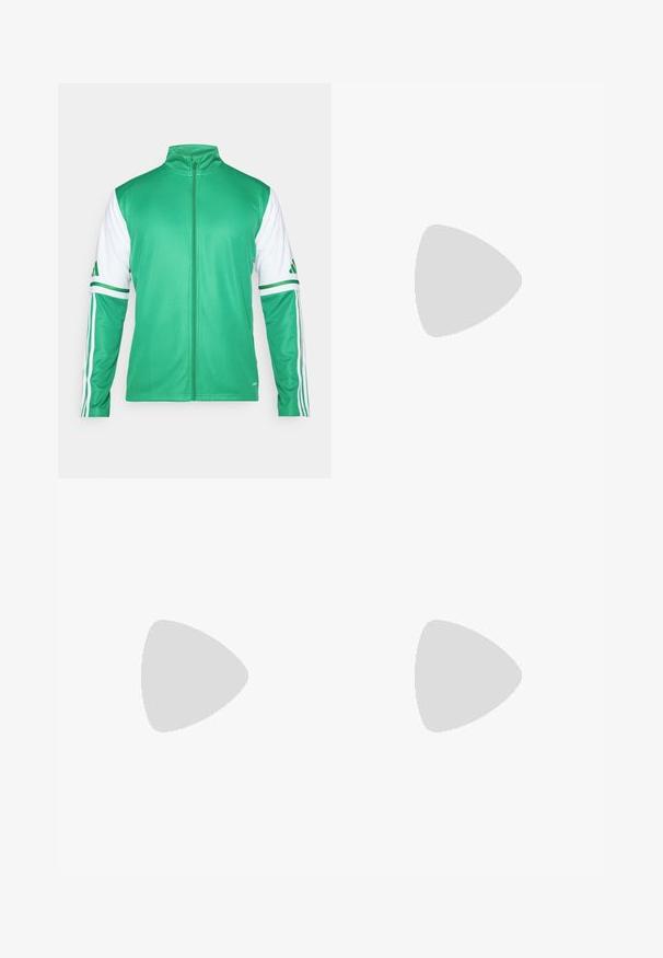 Groene ritssluitingjack gemaakt van gladde stof, met witte mouwen met drie groene strepen en een staande kraag.; Witte sport T-shirt met korte mouwen, gemaakt van vochtafvoerende stof. Heeft een zwart logo op de linkerkant van de borst en een gemusterde binnenhals.; Zwarte sportbroek met een rekbare tailleband, witte zijkanten en een klein wit logo op de dij. Gemaakt van een soepele, lichte stof.; Zwarte sportieve schoenen met een geperforeerde mesh bovenkant, witte accentstrepen, een gevoerde zool en een versterkte hiel voor extra ondersteuning.