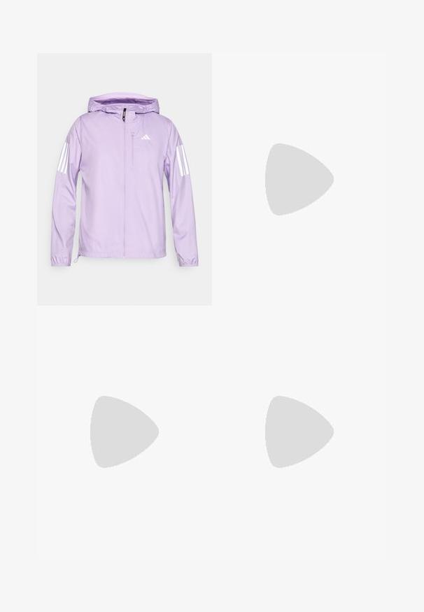 Light purple lightweight jacket with a hood, featuring white three-stripe accents on sleeves and a front zipper pocket. Smooth texture.; White short-sleeve T-shirt with pink Adidas logo on left chest and BMW Berlin Marathon logo on right chest.; Black athletic shorts with a textured finish, featuring a wide waistband and an Adidas logo in light blue on the lower left side.; White athletic shoes made of mesh material, featuring a sleek design, round toe, structured heel, and three stripes on the outer side.
