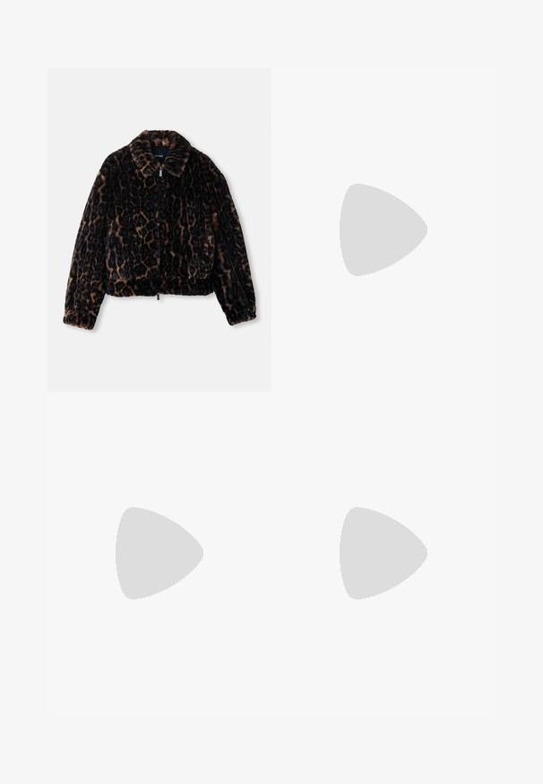 Faux fur cropped jacket in dark brown with leopard print, featuring a collared neckline, long sleeves, and a front zip closure.; White short-sleeved t-shirt made from cotton, featuring a round neckline and a relaxed fit. Smooth texture, with no visible patterns or accents.; Brown wide-leg pants made of soft material, featuring an elastic waistband with a drawstring, two side pockets, and a smooth texture.; Running shoes in white and light gray with mesh upper, black and silver accents, and a cushioned sole for support and comfort.