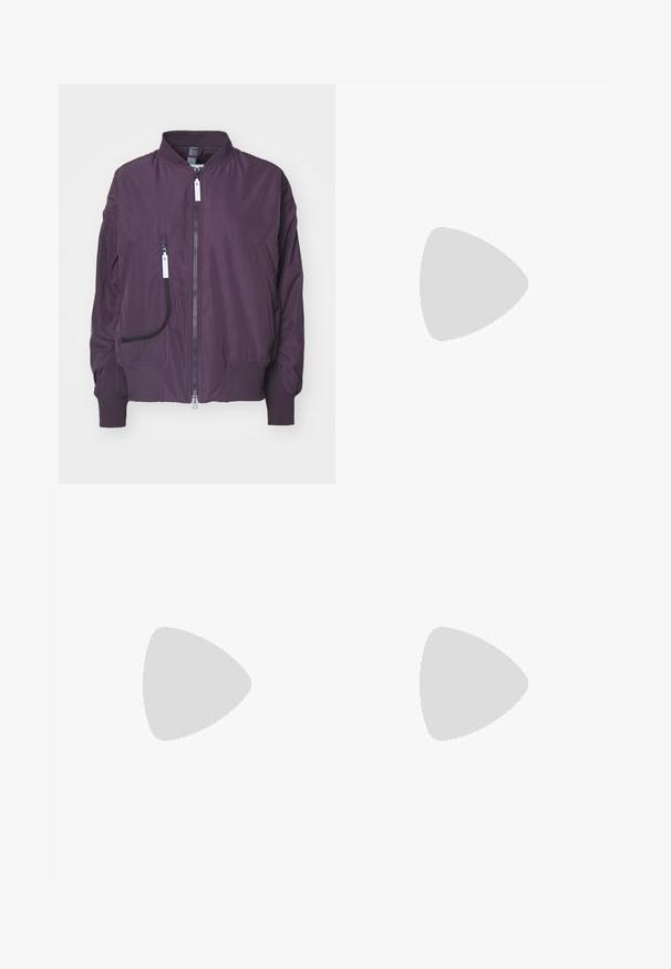 Lilla bomberjakke laget av lett stoff, med glidelås foran, ribbestrikkede mansjetter og sidelommer med kontrastglidelåser.; Rød t-skjorte med korte ermer som har et teksturert bølgete mønster, rund hals og en litt løs passform. Stoffet ser lett og pustende ut.; Hvite sportsbukser med elastisk midje og justerbar snor. Laget av lett materiale, med sidelommer og løs passform.; Beige atletisk sko med grå aksenter, mesh-overdel og en teksturert såle. Har tre grå striper og rosa interiør detaljer.