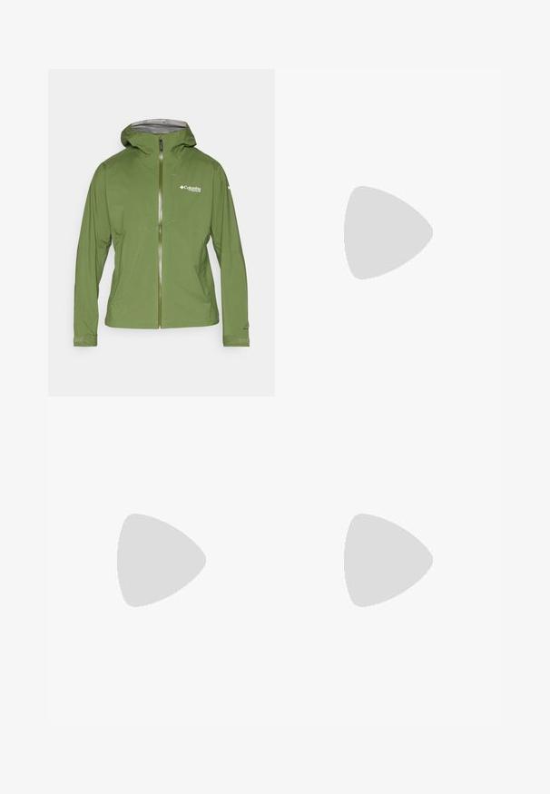 Chaqueta de lluvia verde con capucha, cremallera frontal y forro interior gris. Logo visible en el pecho, con detalles en los puños ajustables.; Camiseta negra de manga corta hecha de tejido ligero. Presenta un pequeño logo blanco en el lado izquierdo del pecho y sutiles acentos en los hombros.; The North Face HORIZON PANT - Pantalones montañeros largos - black; Zapatilla de trail running en tonos gris y negro con un upper texturizado, sistema de cordones visible y suela robusta. Presenta acentos y logotipos en color naranja.