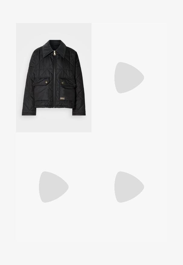 Black quilted jacket with a high collar, front zipper, two large pockets, and gold hardware accents. Features a smooth texture and cropped length.; Black sweater with a high neck, half zip closure, and ribbed detailing. Features long sleeves and a relaxed fit with a straight hem.; Wide-leg trousers in light beige cotton. Features a high waist, front pockets, and a straight cut. Clean hem finishing without patterns.; White sneaker with a smooth finish, black heel accent, and lace-up design. Features "Calvin Klein" branding on the side. Minimalist style.