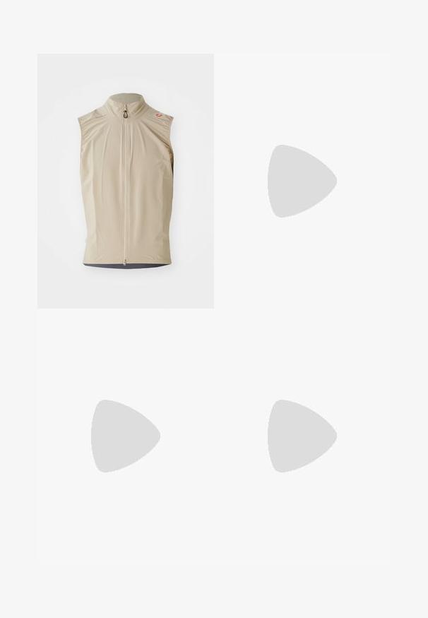 Beżowa bezrękawnik z stójką, z przednim zamkiem błyskawicznym i lekkiego materiału. Posiada teksturowaną warstwę podstawową i minimalistyczny design.; Szara koszulka sportowa z krótkim rękawem, wykonana z gładkiego, elastycznego materiału. Ma okrągły dekolt i czarne logo Nike Pro na piersi.; Czarne spodenki sportowe wykonane z lekkiego materiału, z elastycznym pasem. Posiadają małe białe logo Nike na dolnej lewej stronie.; Czarne i szare buty sportowe z siateczkową cholewką, odblaskowymi akcentami i białą podeszwą środkową. Posiadają teksturowaną gumową podeszwę i sznurowadła.