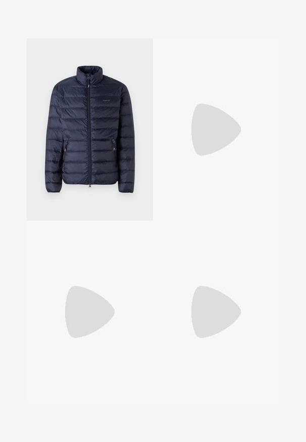 Navy blue puffer jacket with a zippered front, high collar, and horizontal stitching, featuring side pockets with zippers.; White long-sleeve polo sweater made from soft fabric, featuring a classic collar, three buttons, and a small logo patch on the chest.; Beige trousers with a smooth texture, straight cut, two back pockets with buttons, and a standard waistband.; Navy suede sneaker with a low profile, round toe, and contrasting beige rubber sole. Features tonal laces and a soft textile lining.