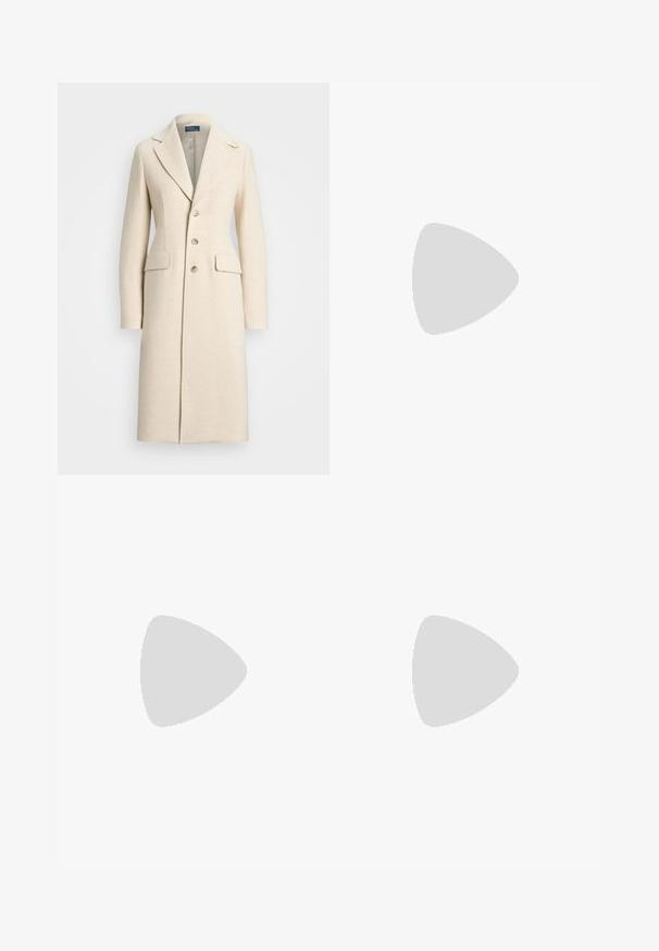 Polo Ralph Lauren HERRINGBONE COAT - Klasszikus kabát - cream multi; Világos bézs garbó pulóver, sima, puha kötésből készült. Hosszú ujjak és testhez simuló szabás jellemzi, bordázott aljúval.; Polo Ralph Lauren HEMP WIDE LEG PANT - Nadrágok - nevis; Beige színű magassarkú szandál négyzet alakú orral, vékony bokapánttal és tömbsarkúval. Simas bőrfelület arany csattal díszítve.