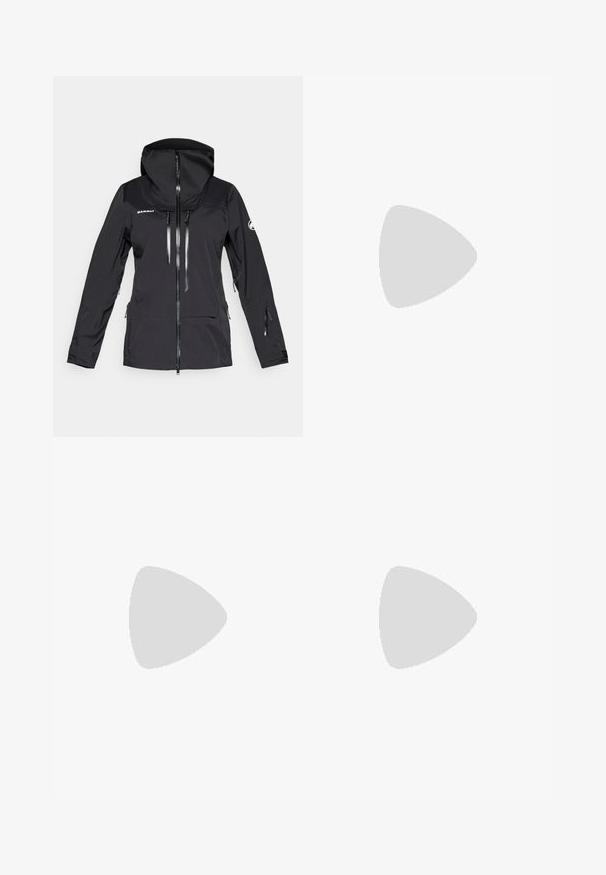 Czarna wodoodporna kurtka z kapturem, z zamkiem z przodu, kieszeniami na piersi i z boku oraz regulowanymi mankietami. Posiada gładki materiał i minimalistyczny design.; Czarny t-shirt Columbia z białą okrągłą grafiką gór i rzeki oraz napisem "Columbia Sportswear Company Outside Since 1938."; Męskie spodnie outdoorowe, ciemnoszare, wykonane z elastycznego materiału, z paskiem, kieszeniami na zamek oraz wzmocnionymi szwami.; Czarne buty trekkingowe z średnim cholewem, z teksturowaną cholewą, szarymi akcentami oraz trwałą gumową podeszwą z wypustkami zapewniającymi przyczepność.