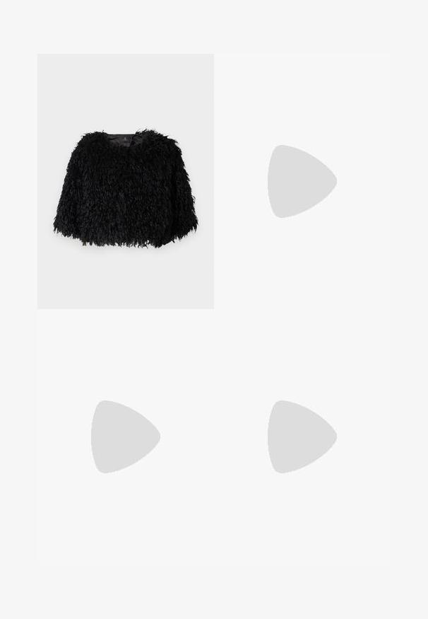 Black faux fur cropped jacket with a textured, fluffy exterior, round neckline, and no visible fastenings. Lined interior visible at neck.; White cropped T-shirt, short wide sleeves, soft cotton material, round neckline with subtle orange trim, minimal design, no patterns or graphics.; White cotton pants with a straight leg design, featuring a mid-rise waist and no visible hardware or patterns. Smooth texture throughout.; Beige suede high-heeled pump with a pointed toe and a chunky block heel. The material has a soft texture with a smooth finish.