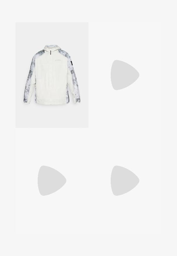 Lightweight white jacket with gray marble-patterned sleeves, front zip closure, adjustable hood, and branded detailing on the chest and sleeve.; The North Face EASY - Print T-shirt - white; Black waterproof trousers made of lightweight fabric, featuring an elastic waistband and side zipper pocket. Simple, tailored design.; Lightweight trail running shoe with a gray and black mesh upper, orange accents, and a rugged outsole for traction. Waterproof Gore-Tex lining.