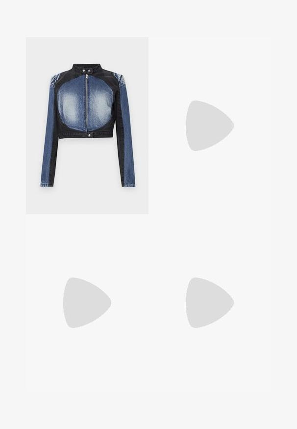 Lühendatud teksajakk, millel on must ülemine osa ja sinised alumised osad. Omab ees lukuga kinnitamist ja nööpe, sile tekstuur.; Must have rihmatu maksi kleit, mis on valmistatud siledast, läikivast kangast. Omab õhulist bodi ja voogavat siluetti, ulatudes põrandani ilma kaunistusteta.; Valge ribaga tank top ümmarguse kaelusega ja metallist aksessuaari detailiga õlal. Pehme tekstuur, istuv disain ja ilma varrukateta stiil.; Must musta nahkkängad terava ninaga ja sujuva siluetiga, avatud tagusega ja peene stiletto kontsaga.; Must värvi nahast käekott, millel on kaarjas disain, hõbedased nupukesed, kinnitusahe ja kaks külgtaskut. Reguleeritav rihm erinevate kandmisvõimaluste jaoks.