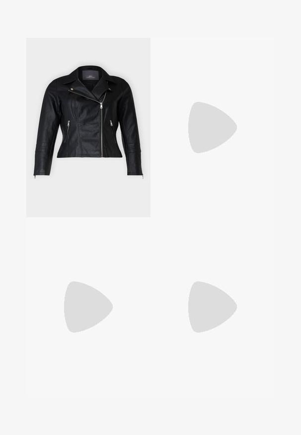 Black leather biker jacket with a fitted cut, notched lapels, two zippered front pockets, and textured shoulder accents.; White cropped t-shirt made of cotton, featuring a large pink and blue graphic print of the "new balance" logo and stylized letters.; Black denim pants with a relaxed fit, featuring a drawstring waist and five pockets. Smooth texture with minimal fading and contrast stitching.; Lightweight sneaker featuring a mesh and suede upper in soft cream tones, with a chunky sole and three-dimensional accents.