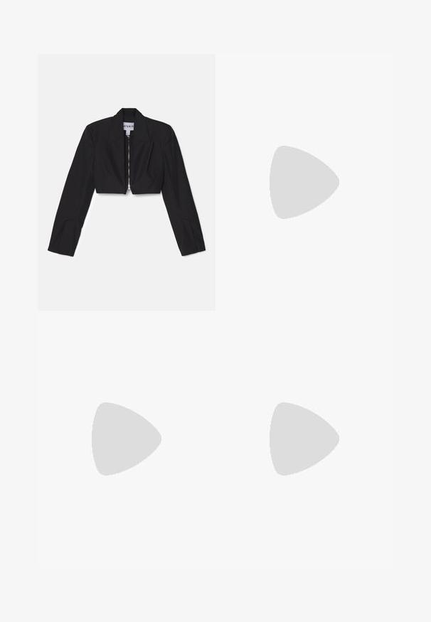 Black cropped blazer with long sleeves, sharp lapels, and a front zipper. Features structured seams for a tailored fit.; Black ribbed tank top with a round neckline and sleeveless design. Made from stretchable fabric, it features a fitted silhouette and clean edges.; Black trousers made from smooth fabric featuring a high waist, wide legs, front pleats, and classic belt loops. No side pockets visible.; Glittering gold slingback pump with a pointed toe, thin ankle strap, and a slim heel. The surface has a textured metallic finish.