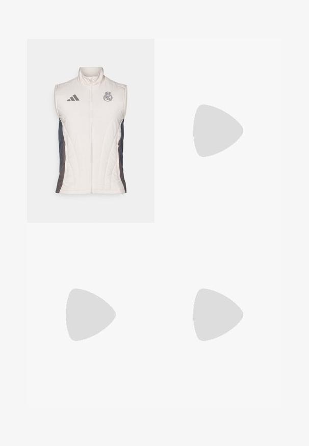 adidas Performance REAL MADRID EU WINTER VEST - Väst - putty mauve/dark grey/charcoal; Ljusgrön kortärmad jersey med grå detaljer, svart logotyp och ränder. Tillverkad av ventilerande material, designad för atletisk klädsel.; Olivgrön träningbyxor med slim fit, elastisk midja och sidofickor. Har en logotyp på vänster lår och kontrasterande detaljer.; Svarta sportskor med ett texturerat nätövre, vita accentlinjer, en dämpad sula och en förstärkt häl för stöd.