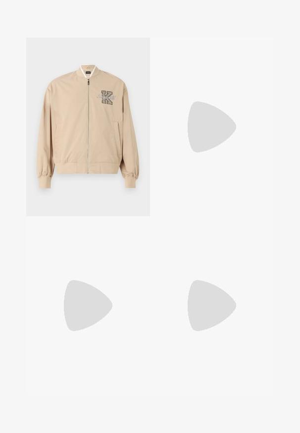 Beige bomber jacket with ribbed collar, zip closure, and side pockets. Features "Lagerfeld" embroidery and a prominent letter "K." Smooth fabric texture.; Black cotton t-shirt featuring a white and colored "TOMMY HILFIGER" logo with "NEW YORK" and "1985" in smaller text below. Short sleeves, crew neck.; White, pleated trousers with a tailored fit, featuring a smooth texture, belt loops, and tapered legs. No visible pockets or patterns.; White and light beige athletic sneaker, featuring a mesh upper, perforated detailing, and a textured midsole with branding on the heel.