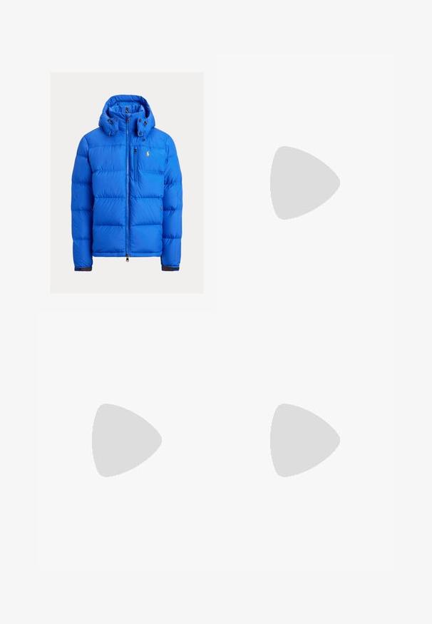 Blue padded jacket with a detachable hood, zippered front, and side pockets. Features horizontal stitching and a small logo on the chest.; White long-sleeve T-shirt made of cotton. Features a round neckline, ribbed cuffs, and a small navy blue polo logo on the left chest.; Beige cotton chinos with a flat front, belt loops, and side pockets. Straight-leg design with a smooth texture and a light, breathable feel.; White leather sneakers, low-top design, featuring a smooth texture, round toe, laced front, and a small embroidered logo on the side.