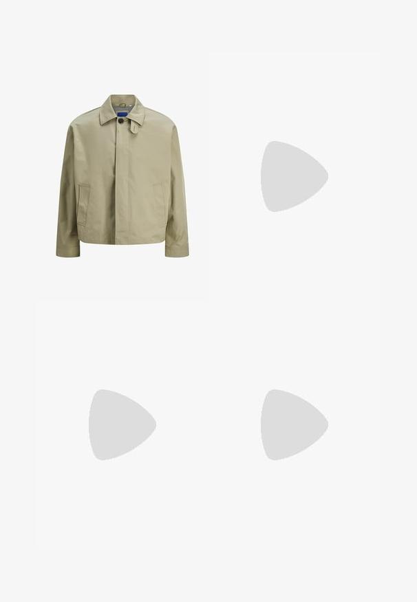 Beige lehká bunda s límečkem, zapínáním na jeden knoflík, dvěma postranními kapsami a rovnými liniemi. Hladký texture.; Tři bezrukávové trička v šedé, bílé a černé barvě. Měkký bavlněný materiál s kulatým výstřihem a uvolněným střihem. Jednoduchý design, žádné vzory.; Džínové šortky v tmavě modré barvě s vybledlým povrchem. Mají pět kapes, přední zapínání na knoflík a prošívání podél švů.; Sportovní boty s bílým koženým svrškem, šedou semišovou špičkou a třemi černými pruhy. Obsahují modré logo na jazyku a texturovanou gumovou podrážku.; Hnědé obdélníkové sluneční brýle s tónovanými čočkami, plastovým rámem a kovovými akcenty po stranách. Vyznačují se elegantním designem a hladkým povrchem.