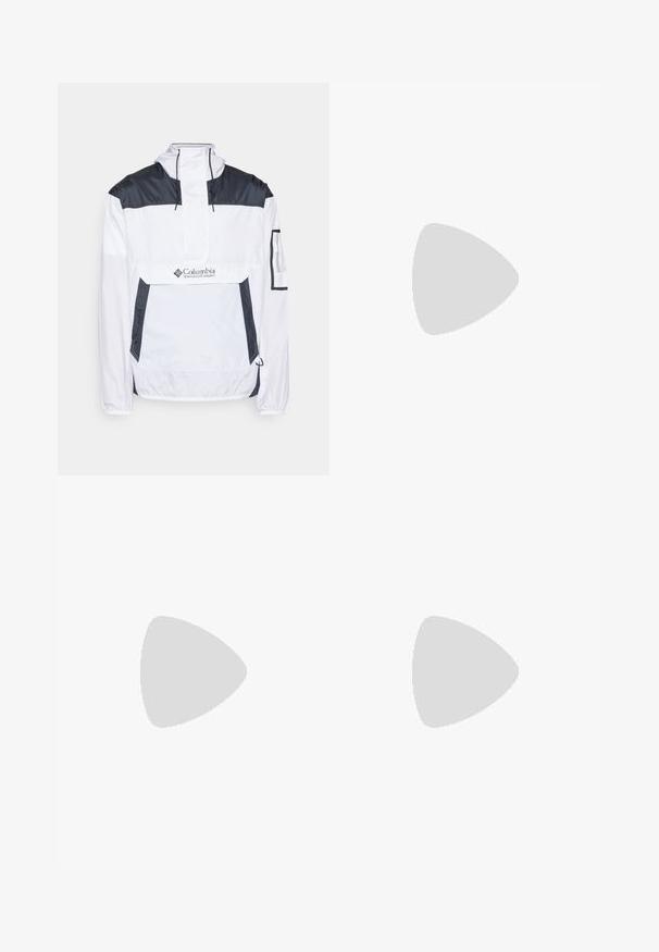 Balta ir tamsiai mėlyna vėju nepralaidžiame jakete su pusiau užtrauktuku, reguliuojama kapuce ir dviem šoniniais kišenėmis. Krūtinėje yra logotipas.; Juoda medvilninė marškinė su trumpomis rankovėmis, apvaliu iškirpimu ir maža balta logo kairėje krūtinės pusėje. Paprastas dizainas, lygi tekstūra ir laisvas pritaikymas.; Juodos sportinės kelnės, pagamintos iš lengvos medžiagos, su raišteliu liemens srityje, šoniniais kišenėmis ir siaurėjantys apykaklės prie kulkšnies.; Juodas lauko sportinis batelis su zomšiniu viršumi, tekstūruota guma padais ir tvirtas raištelių sistema. Yra sustiprinta kulno dalis ir prekės ženklo logotipas šone.