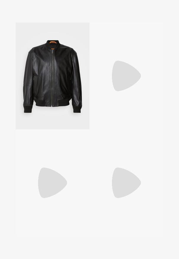 Melna ādas bumbvedēju jaka ar rāvējslēdzēju priekšā, ribotām apkaklēm un aprocēm, sānu kabatām un smalku spīdumu uz gludās tekstūras.; BOSS TEE - Pamata T-krekls - open white; Bežā krāsā auduma bikses ar taisnu kāju griezumu, pievienotām pogu aizdares un priekšējiem krokām papildu detaļām.; Balti apavi ar gludu ādas augšdaļu, apaļu purngalu un plakanu zoli. Melns akcentus papēdī, ar tonālām šņorēm un minimālu zīmolu.