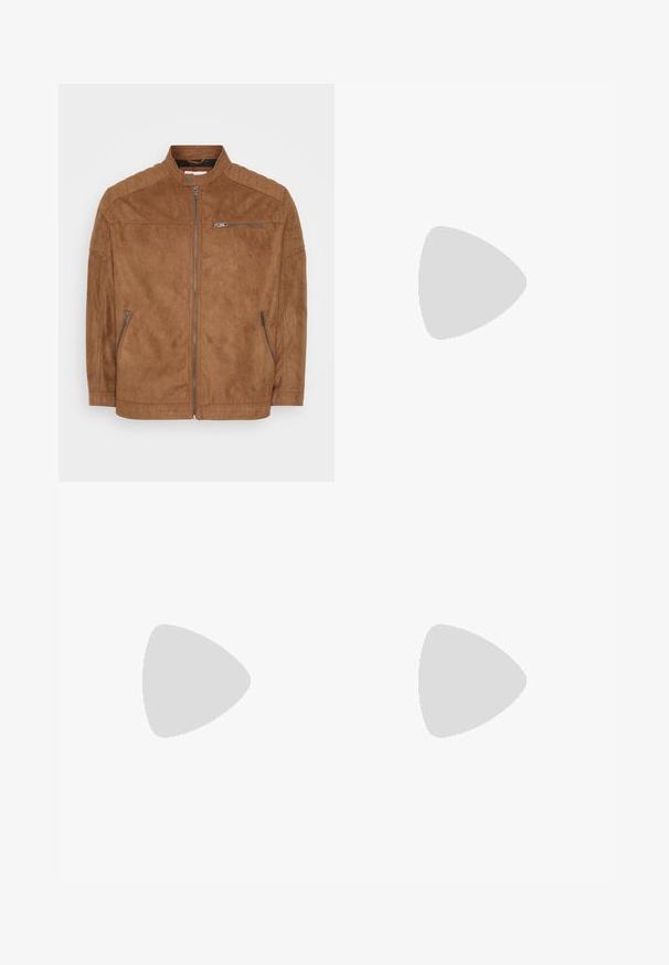 Veste en daim marron avec col montant, fermeture éclair sur le devant et deux poches latérales. Présente des accents matelassés aux épaules et une texture lisse.; T-shirt blanc à manches courtes, avec une coupe ample, encolure ronde, tissu doux et détails de couture minimes. Pas de logos ou motifs visibles.; Pantalons noirs en tissu lisse, avec une coupe droite, deux plis avant et une taille standard avec passants de ceinture.; Mocassins en cuir noir avec un bout rond, des coutures décoratives et un petit talon. Texture lisse avec un éclat subtil. Design classique sans embellissements.