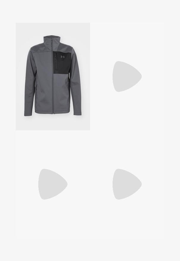 Under Armour SHIELD JACKET - Veste softshell - castlerock/black; T-shirt de sport à manches courtes de couleur blanche, fabriqué en tissu lisse. Il présente un col rond et un logo gris sur la poitrine gauche, avec des fentes sur les côtés au niveau de l'ourlet.; Shorts de sport noirs en tissu léger, dotés d'une taille élastique et d'un logo blanc sur le côté gauche.; Chaussure de sport noire avec un dessus texturé, semelle en camouflage grise, et lacets plats. Présente le logo Under Armour sur le côté.