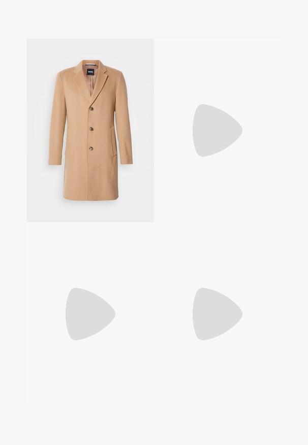 Camel wool-blend coat with a notched lapel, single-breasted closure, three brown buttons, two side pockets, and smooth texture.; BOSS TEE - Basic T-shirt - open white; Beige cotton trousers with a straight-leg cut, featuring a button closure and pleats at the front for added detail.; Beige leather sneaker with a rounded toe, minimalistic design, subtle stitching details, and a textured upper, on a light sole.