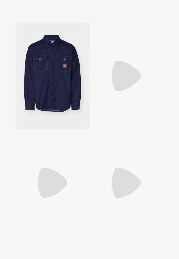 Dark blue denim shirt with long sleeves, button-up front, two chest pockets, and a leather logo patch on the left pocket.; White cotton tank tops, sleeveless design, round neck, plain texture, featuring a soft, lightweight fabric. Two pieces displayed.; Wide-leg trousers in dark grey fabric, featuring a pleated front, two side pockets, and a flat waistband. Smooth texture and tailored design.; Black leather oxford shoe with lace-up design, rounded toe, flat rubber sole, and subtle stitching detail along the upper.; Black sunglasses with rectangular frames, gray tinted lenses, and a bridge cutout design. Sleek, glossy plastic material, with narrow temples.