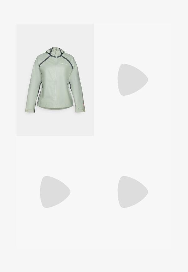 Veste imperméable vert clair avec capuche, fermeture éclair frontale et coutures contrastantes gris foncé. Comprend des poches latérales zippées et des poignets élastiques.; T-shirt rouge à manches courtes arborant un motif en vagues texturé, un col rond et une coupe légèrement ample. Le tissu semble léger et respirant.; Jupe de sport blanche avec une texture lisse, une taille large et un logo dans le coin inférieur droit. Présente une coupe ample pour un confort optimal.; Baskets de course blanches avec une tige texturée, une semelle intermédiaire bleu clair et un talon renforcé. Dotées de lacets et d'un logo prominent.