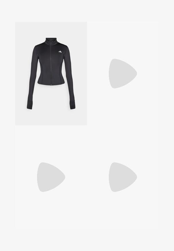 Crna prilagođena jakna na zip, izrađena od rastezljivog materijala, s dugim rukavima, stojećim kragnom i malim logotipom na lijevoj strani prsnog koša.; Majica kratkih rukava za sport, tamno siva s perforiranim uzorkom. Ima bijeli logo i kontrastne bočne pruge. Zaobljeni izrez.; Crne atletske kratke hlače s elastičnom trakom u struku, bočnim džepovima i bijelim prugama sa strane. Izrađene su od laganog materijala.; Bijela atletska cipela s mrežastim gornjim dijelom, tri crne pruge sa strane, strukturirani detalji i čvrst gumeni potplat s kontrastnim crnim dijelom.