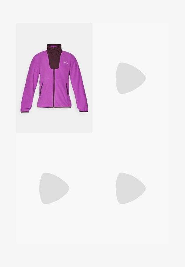 Purple fleece jacket with dark brown accents, high collar, full-zip front, and two side pockets. Soft texture and athletic fit.; Gray short-sleeve shirt featuring a subtle textured pattern, round neckline, and Columbia logo on the chest. Soft fabric, relaxed fit.; Navy blue pants made of smooth fabric, featuring a front button closure, slim-fit design, and creased detailing at the knees.; Columbia PEAKFREAK - Hiking shoes - black