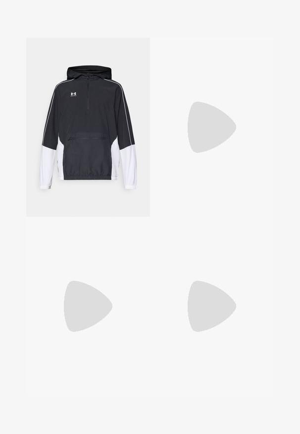 Sort og hvid pullover jakke med hætte, halv-lynlås foran, elastiske manchetter, frontlomme, hvide sidelæg og broderet logo på brystet.; Sort ærmeløs atletisk skjorte lavet af et glat, åndbart materiale. Har en rund halsudskæring og hvidt logo på brystet.; Sorte atletiske shorts lavet af letvægtsstof, med elastisk talje og diskret branding ved sømmen, samt en glat overflade.; Hvid løbesko med Mesh-overdel, stort sort "RUN" grafisk design, lysegrå detaljer og en polstret sål med "AIR 200M" branding.