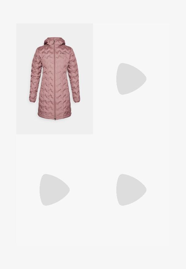 Columbia DELTA RIDGE™ LONG JACKET - Dunjakker - fig; Langærmet mørkegrå skjorte med grafik af røde træer og bjerge; "COLUMBIA" logo i fed hvid tekst. Blødt stof, standard rund hals.; Mørkeblå bukser lavet af glat stof, med en frontknaplukning, tætsiddende design og pressefolder ved knæene.; Columbia PEAKFREAK - Hikingsko - black