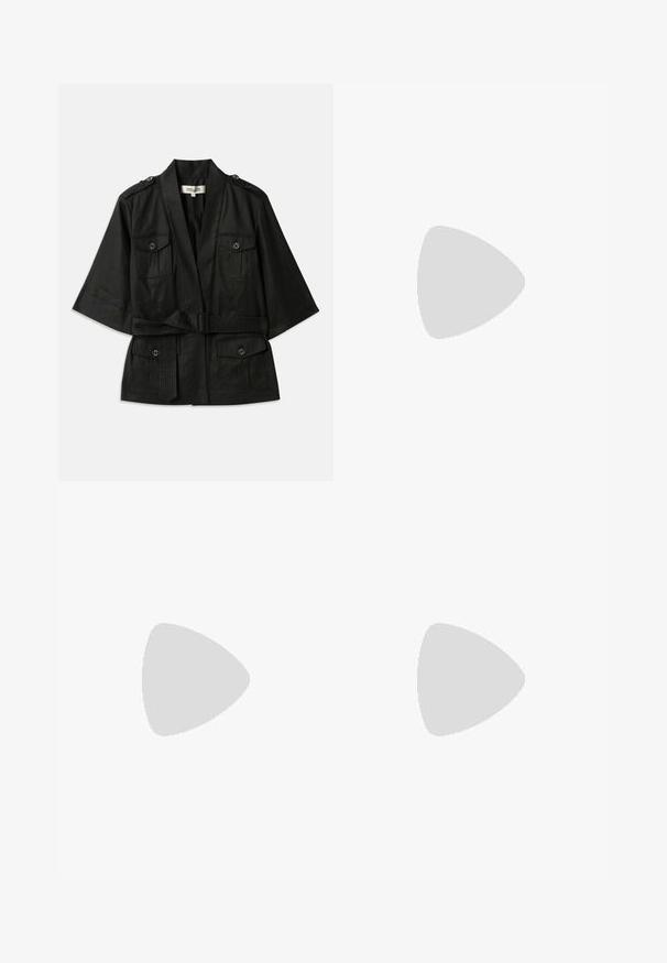 Black short-sleeve jacket with a belted waist, featuring two front pockets and button accents on the shoulders. Textured fabric with a smooth finish.; Black short-sleeve crew neck t-shirt with a white tag inside the collar labeled "D.R.C. EST. 2002" on a white background.; Wide-leg black trousers with a textured surface, featuring a flat waistband and two side pockets. The fabric appears lightweight and flowing.; White leather high-heeled shoe with a pointed toe, ankle strap, and a slim stiletto heel. Smooth texture with subtle glossy finish.