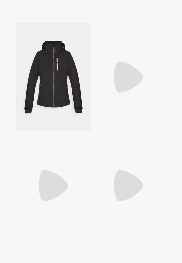 Giacca nera isolata con cappuccio, caratterizzata da accenti rosa, zip frontale e due tasche laterali. I polsini includono regolatori in velcro.; Maglietta atletica bianca a maniche corte con colletto rotondo, dotata di un logo sul petto e una texture di tessuto liscia e leggera.; Mammut RUNBOLD ZIP OFF PANTS WOMEN - Pantaloni outdoor - black; Scarpe da trekking nere con tomaia in tessuto testurizzato, sistema di allacciatura e suola in gomma robusta. Accentuate da dettagli riflettenti e loghi.