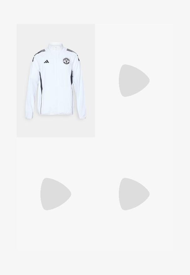 White athletic jacket with black accents, zip closure, and Manchester United logo. Features three black stripes on shoulders and elastic cuffs.; Black Adidas sportswear shirt with mesh texture, short sleeves, round collar, and blue logo and text detailing on the front and sleeves.; Black athletic pants with an elastic waistband, tapered legs, and white side accents. Made of synthetic material with a smooth texture.; Black athletic shoe with textured fabric upper, rubber sole, and three shiny black stripes on the side. Rounded toe and cushioned heel.