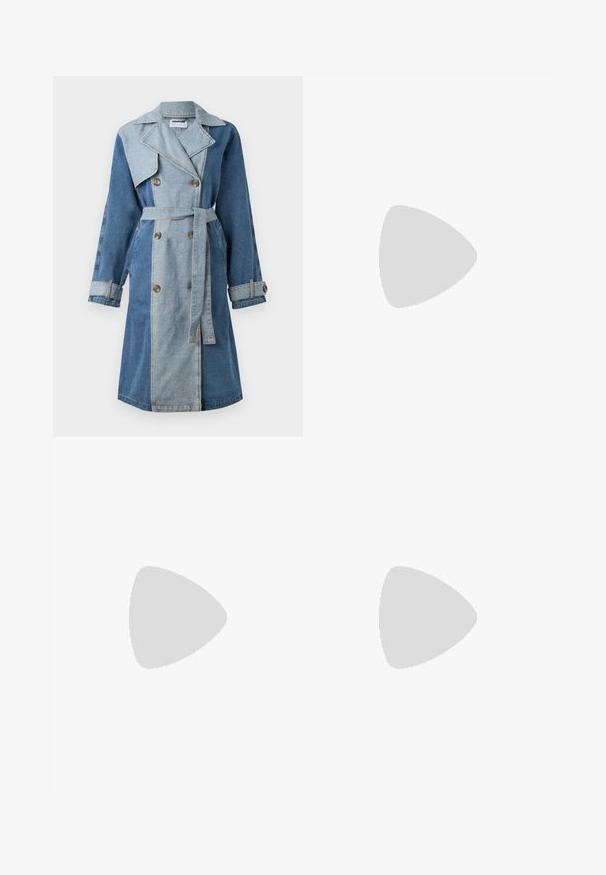Denim trench coat featuring a double-breasted front, mixed shades of blue, wide lapels, belted waist, and buttoned cuffs.; White long-sleeve top featuring a ribbed texture and a V-neck design. Tag visible inside neck with brand name "JJXX."; Wide-leg jeans in light blue denim, featuring a high waist, five-pocket design, and a faded finish with subtle whiskering details.; Black suede and leather sneaker with a cream side swoosh and light cream heel. Features beige laces and a gum rubber outsole.